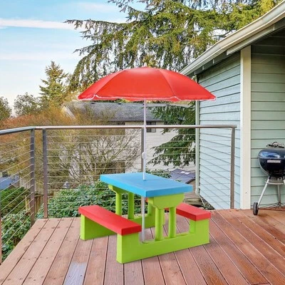 Kids Picnic Table Set Children Picnic Table and Benches w/Removable Umbrella Red - Image 1 of 4