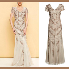 NEW Adrianna Papell  8  Floral Beaded Mesh Mermaid Gown in Biscotti Cream M837