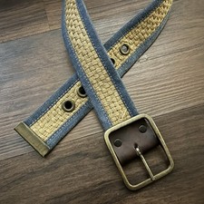 Vintage Denim Fabric & Raffia Straw Belt Womens Large 30-32 Gold Buckle Leather