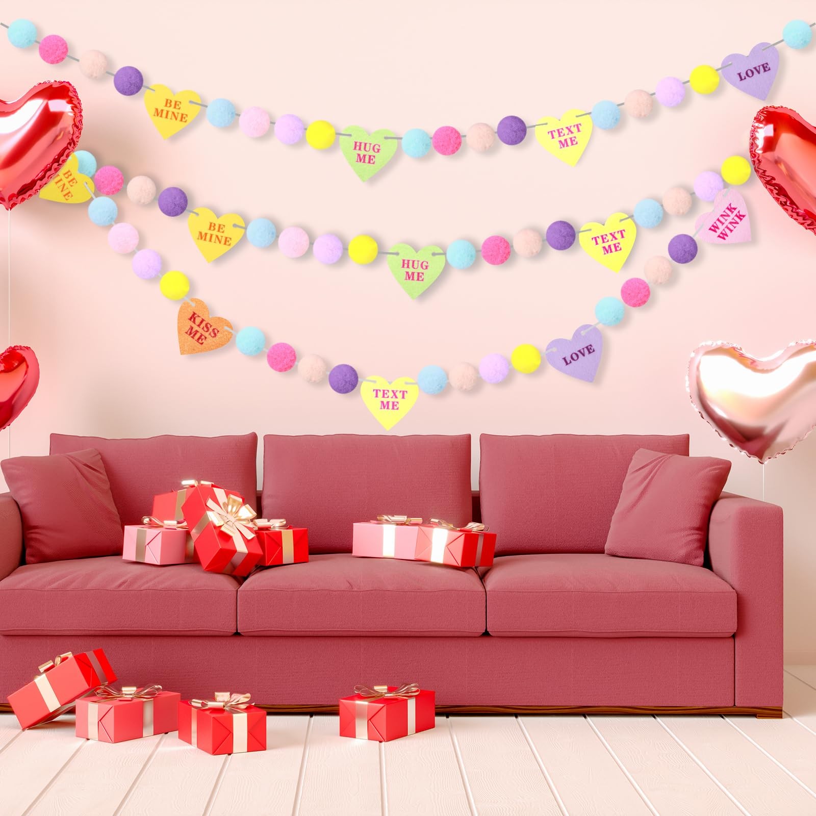 3 Pcs Valentines Day Conversation Heart Long Felt Garlands Ornaments Colorful... thumbnail 5