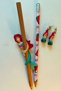 Vintage Disney Little Mermaid Lot including pencil holder, pencil & earrings
