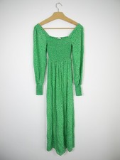 Rixo Marianne Midi Dress Green Floral Long Sleeve Shirred Silk Crepe Size XS