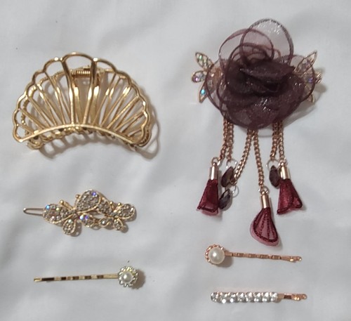 6pc Gold & Rose Gold Hair Accessories Barrettes Hair Clips Butterfly Flower EUC
