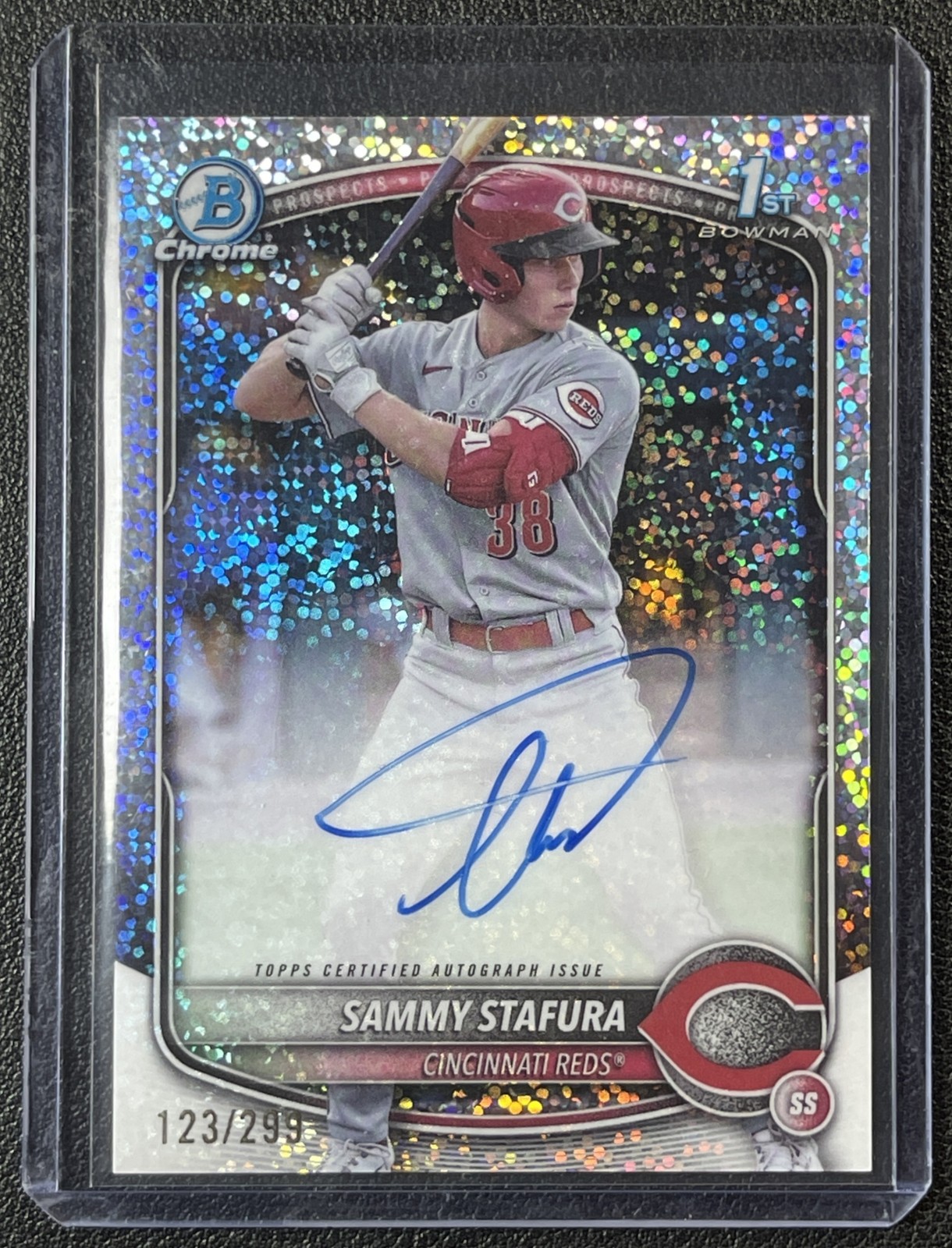 SAMMY STAFURA 2025 BOWMAN CHROME SPECKLE REFRACTOR AUTO 1ST PROSPECT 123/299