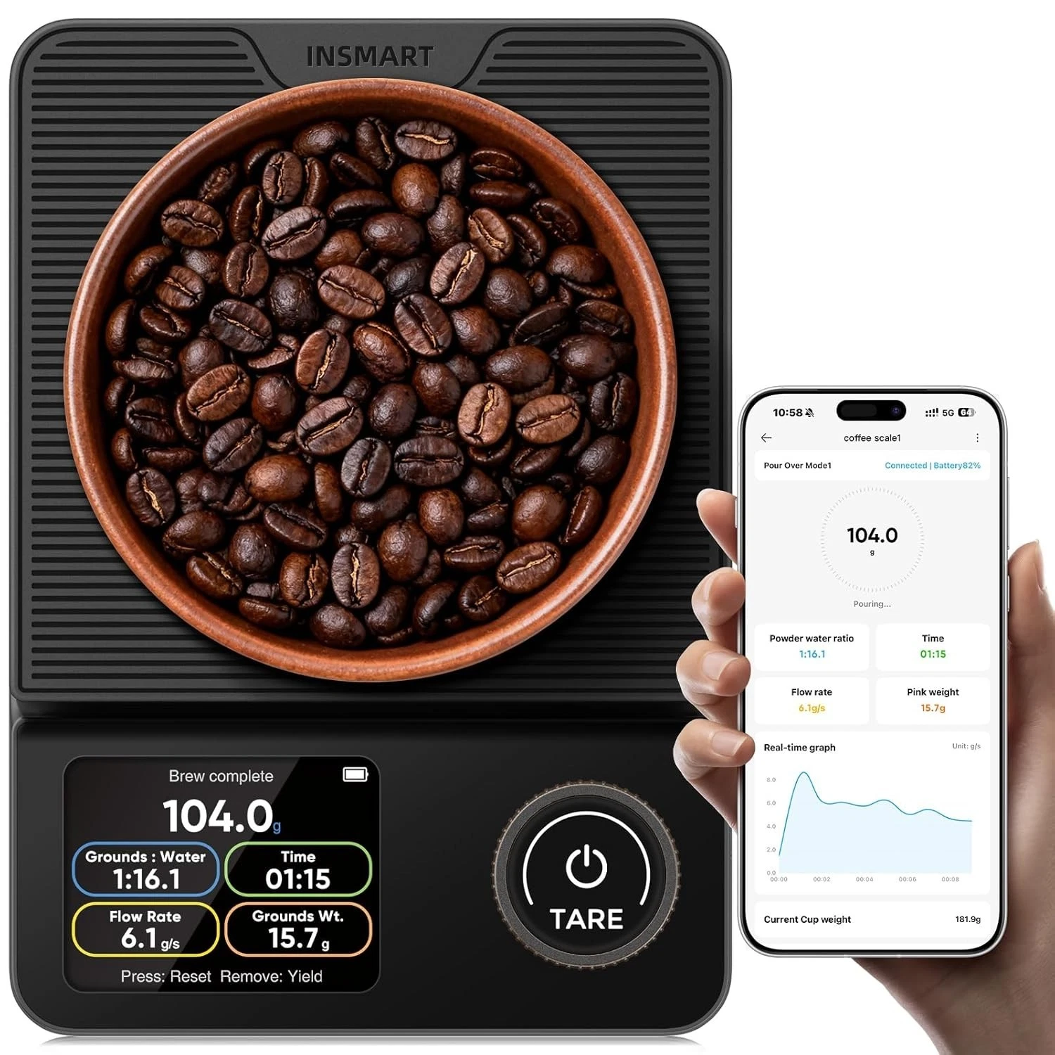 INSMART Bluetooth Coffee Scale w Timer 0.1g Precision Espresso Pour Over App