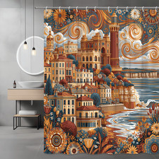 Coastal Village Shower Curtain Floral Ocean Landscape Print