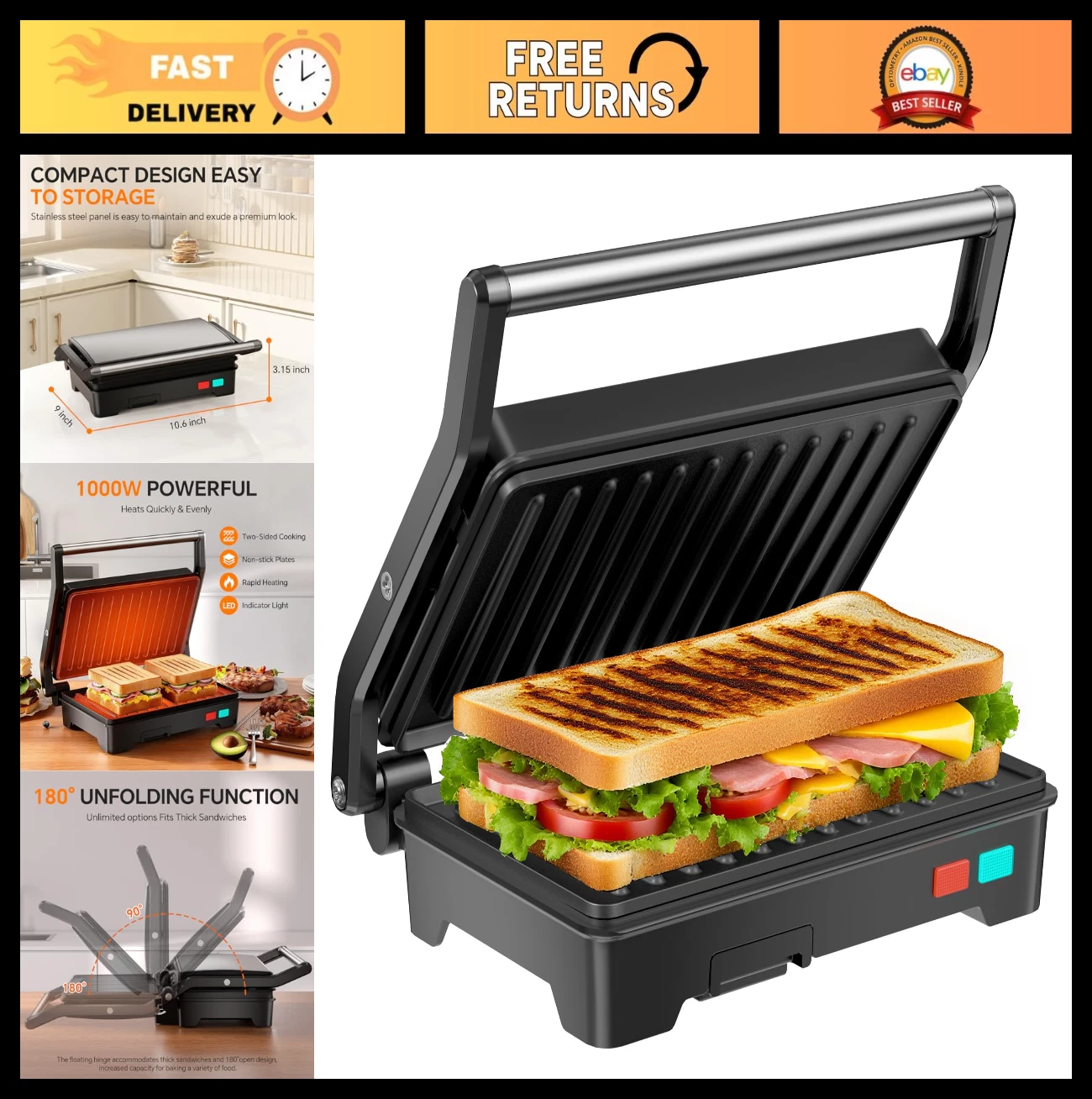 "1000W Panini Press Grill - 3-in-1 Sandwich Maker, Non-Stick Plates, 180° Open,