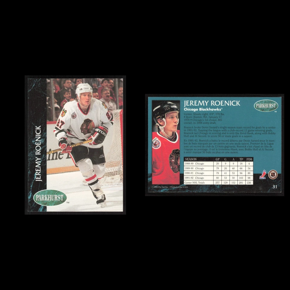 Jeremy Roenick #31 1992 Parkhurst Chicago Blackhawks Hockey Card NHL NM - Image 3 of 3
