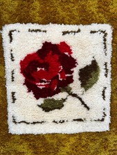 Vtg 1970s Latch Hook Rug Shag Wall Hanging Red Rose Flower 18x17