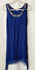 Samson Slvless Dress Sequin Scoop Nck Elastic Waist Shark Bite Hem Navy S #15128