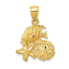 14k Yellow Gold Satin Diamond-cut Fish, Starfish and Sand Dollar Pendant