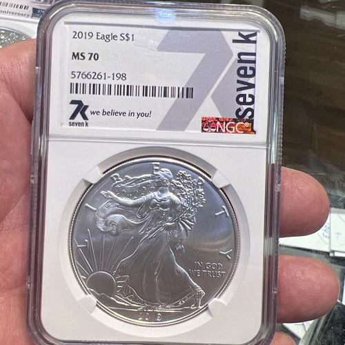 2019 American Silver Eagle $1 Dollar NGC MS70, Seven K Label