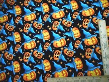 Halloween Fabric By Yard Orange Pumpkin Blue Witch Hat Stars on Black Cotton C