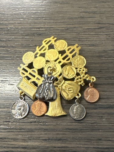 Vintage Money Grows on Trees Brooch Pin Dangling Coin Charms I Love Money Pin