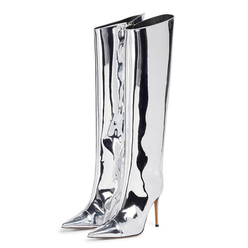 Women Bright Pu Leather Knee Length High Heel Boots Pointed Toe Stiletto Heels - Picture 20 of 20