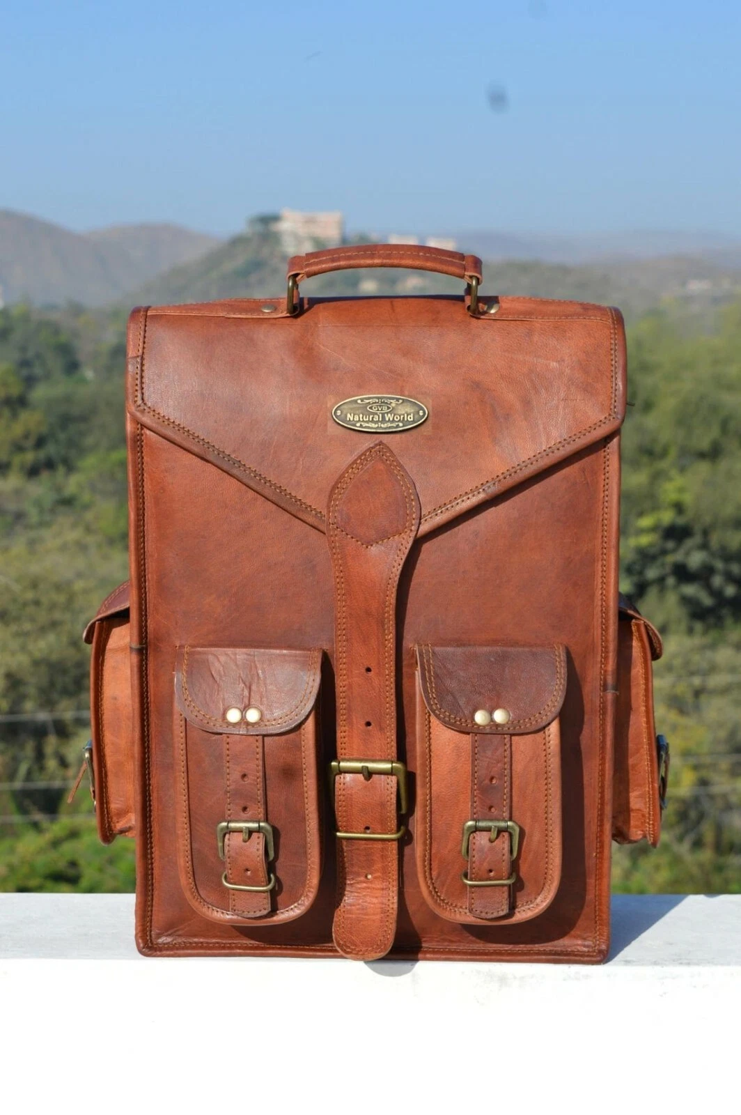Men Convertible Strap Leather Backpack Laptop Hiking Travel Camping Rucksack Bag
