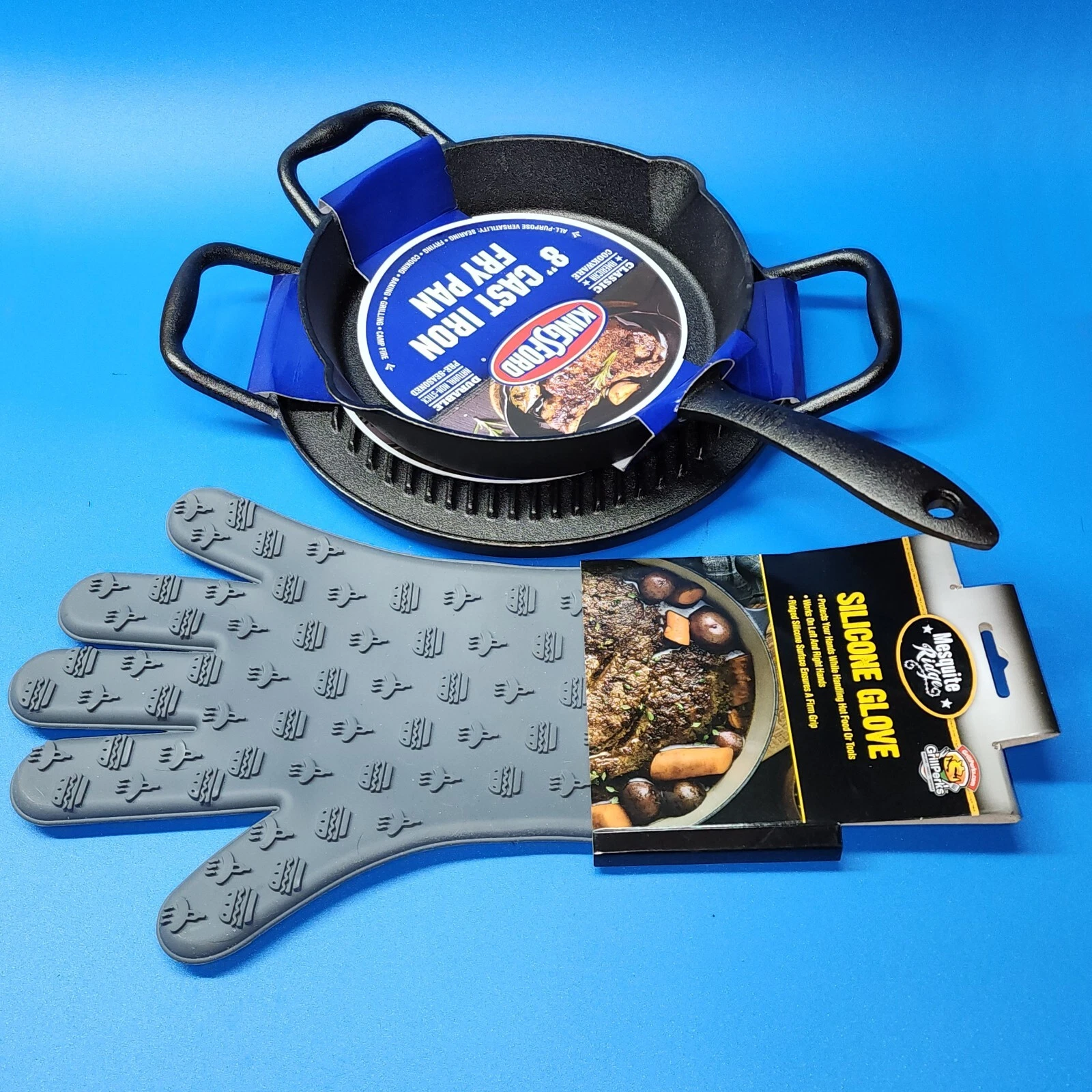 Kingsford Cast Iron Grill Set Skillet Griddle Silicone Glove New