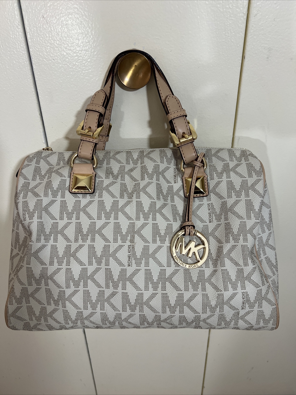 Michael Kors Grayson Beige Signature Logo Duffle Satc… Gem