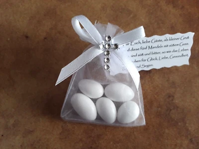 HANDGEFERTIGT Gastgeschenke ,Taufe, Kommunion, Hochzeit Tischdeko 5 Mandeln, Spruch Name,Datum