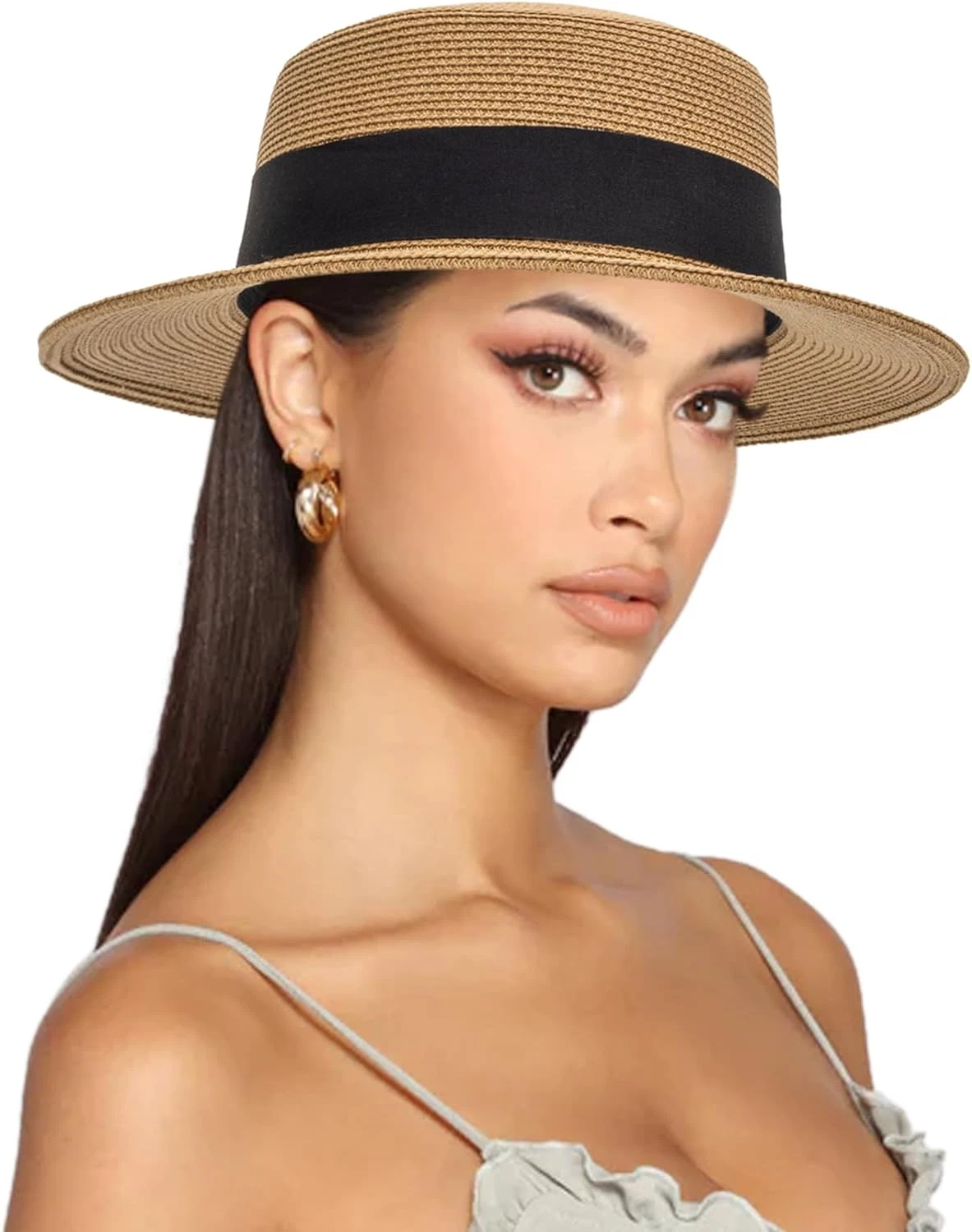 Women Boater Straw Sun Hat - Classic Panama Short Brim Medium-Large Khaki