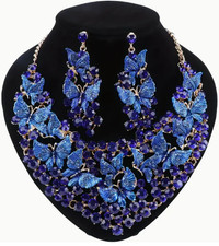 JEWELRY SET-3pcs Luxury BLUE Rhinestone Butterfly Necklace Earrings Set