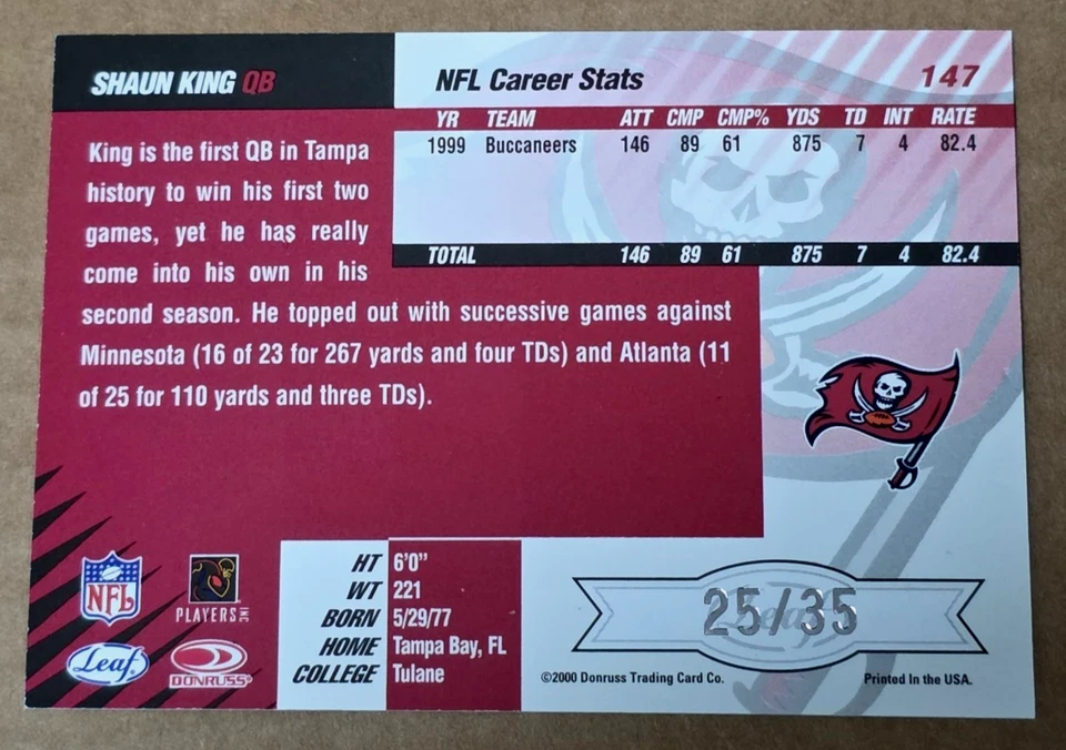 2000 Leaf Limited #147 Shaun King Limited Edition Parallel RC 25/35 Made Tampa - Image 2 of 2