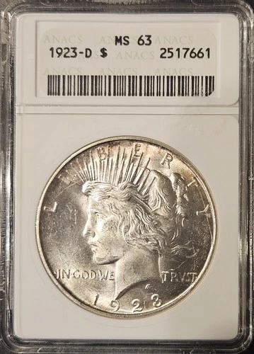 1923-D Silver Peace Dollar MS63 ANACS SOAPBOX Dual Sided Toner Nice Eye Appeal