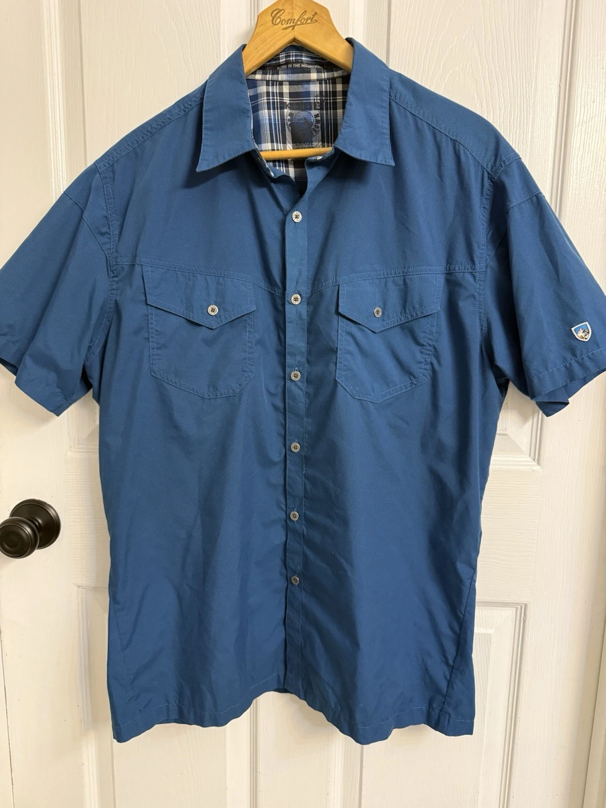 KUHL Men's Large Eluxur S/S Shirt Button UpBlue Outdoor Hike Trail Work Camping