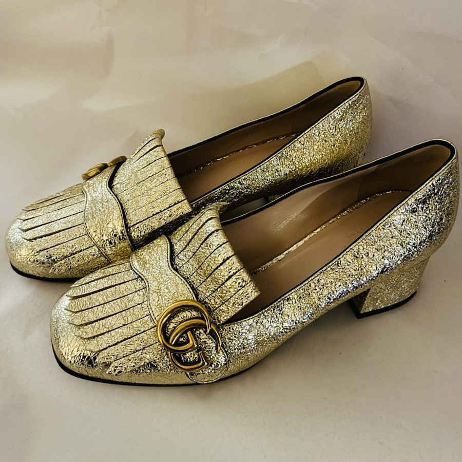 GUCCI Shoes Galassia Platino Crackle Heels Marmont Loafers Gold 38.5 Authentic