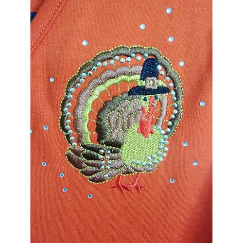 Quacker Factory 1X Embroidered Shirt Top Fall Thanksgiving Turkey Orange NWT - Picture 3 of 7