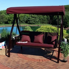 3-Person Steel Patio Swing Bench with Side Tables/Canopy - Maroon by Sunnydaze