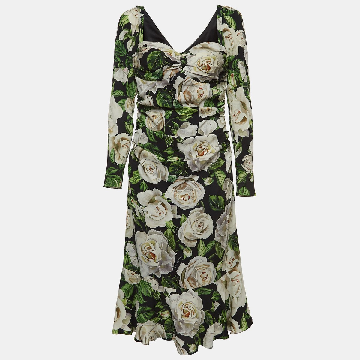 Dolce & Gabbana Black Floral Printed Stretch Crepe Midi