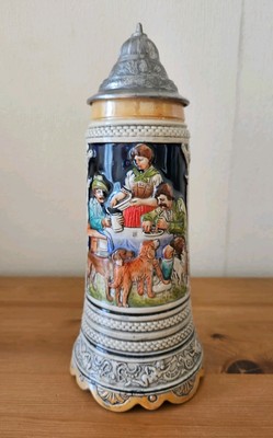 Deutscher musikalischer Keramik Bierstein mit Zinndeckel ''Im Wald Uns Auf Der Haide''