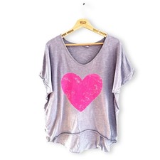 Ladies Grey Pink Heart Print Short Sleeved Pyjama T-Shirt Lounge Top Size 18