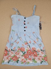 No Boundaries Strapless Button Front Dress XL (15-17) Blue Striped Floral