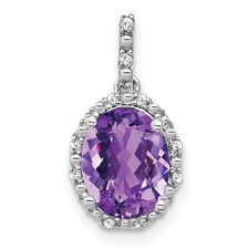 14k White Gold Oval Amethyst and Diamond Halo Pendant L-18.4 mm