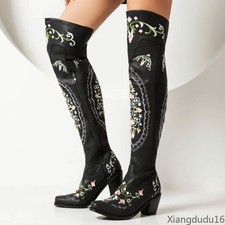 Womens shoes Embroidery Decor Pointed Toe Mid Block Heels Over The Knee Boots