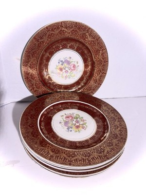 (6)Homer Laughlin China Dinner Plates Filigree 22K Gold Trim 11  Floral Burgundy
