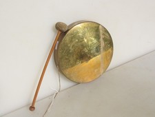 Vintage Brass Gong with Wooden Baton Striker Chain Dinner Bell Drum Zen 8"W