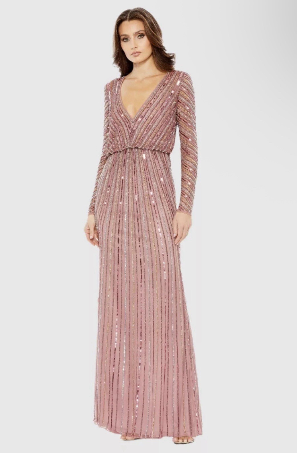 Mac Duggal Size 8 Rosewood Pink Sequin Long Sleeve V Neck Column Gown A93647 NWT