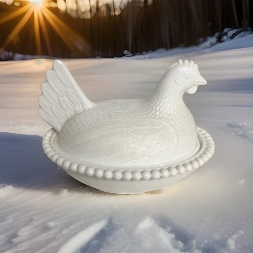 Vintage White Milk Glass Hen on Nest Indiana Glass Slotted Bead Stippled Basket
