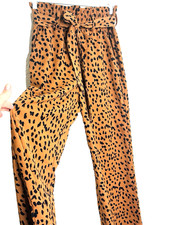 High Waist Wide Leg Pants Medium Belted Elastic Waist Pockets Animal Print Light