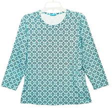 J. McLaughlin Catalina Cloth Top Blue Geo Chain-Link Pullover Long Sleeve Sz  L