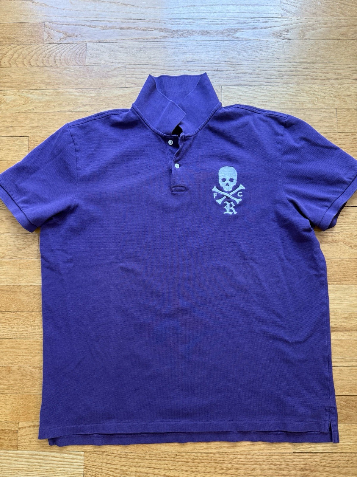 Rugby Ralph Lauren Vintage Polo Shirt Purple With White Skull Embroidery XL.