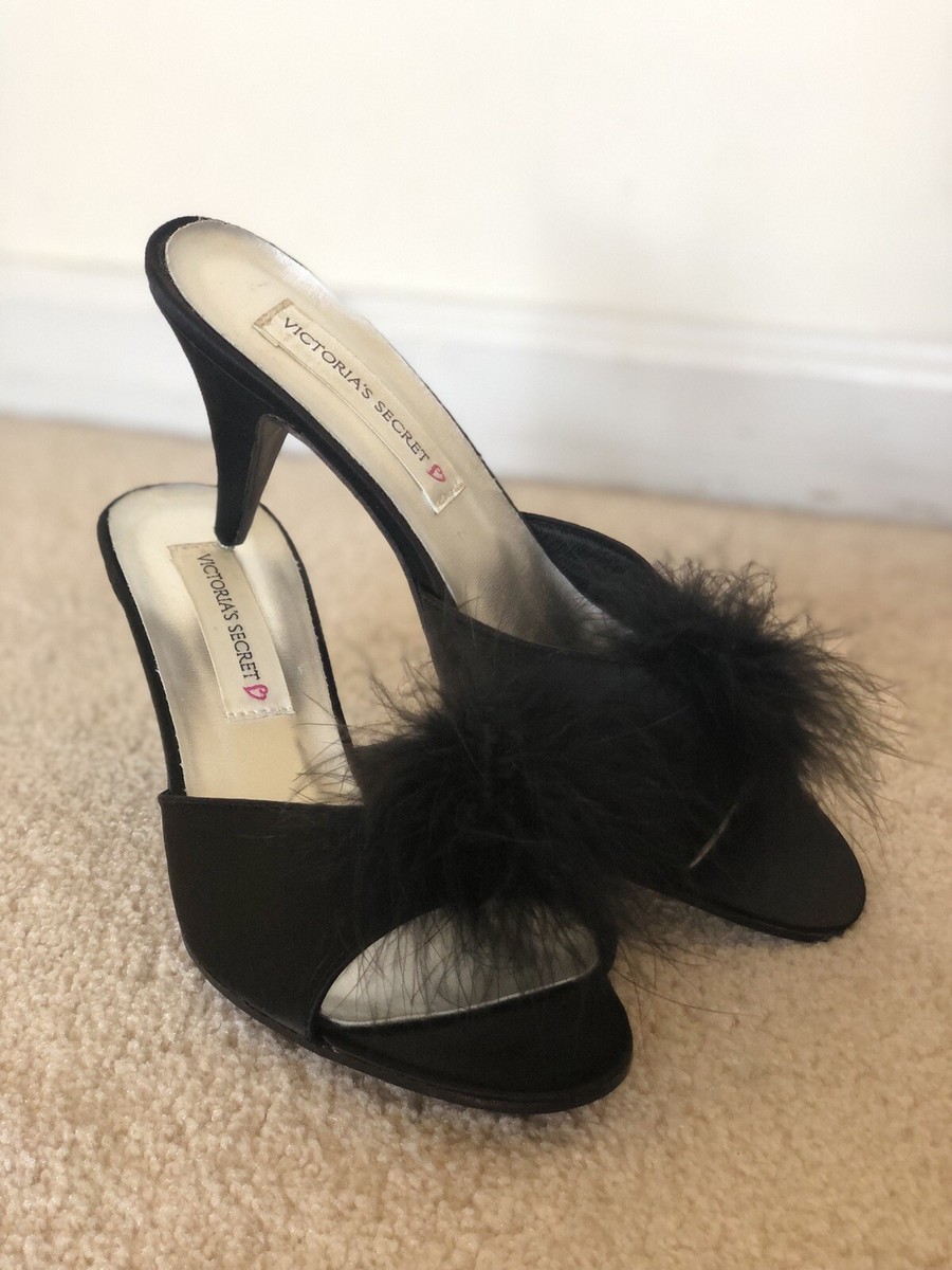 Victoria's Secret Black Satin Marabou Shoes Boudoir 4