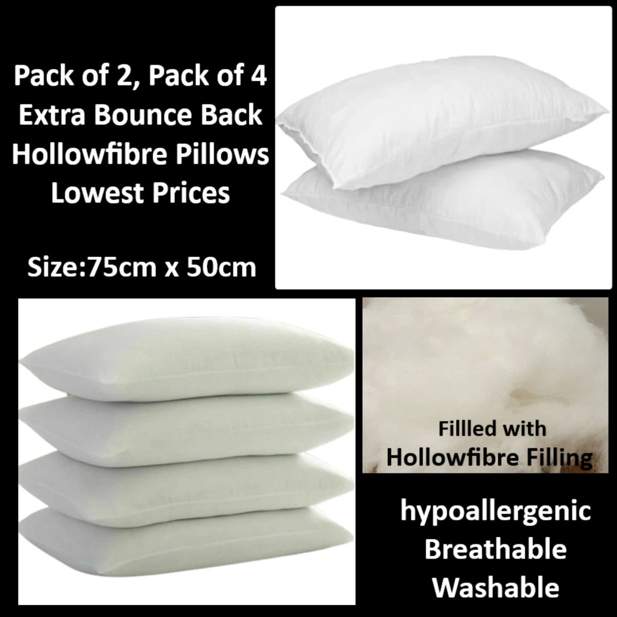 Pack of 2 4 Soft Pillows Extra Filled Bounce Back Hotel Quality