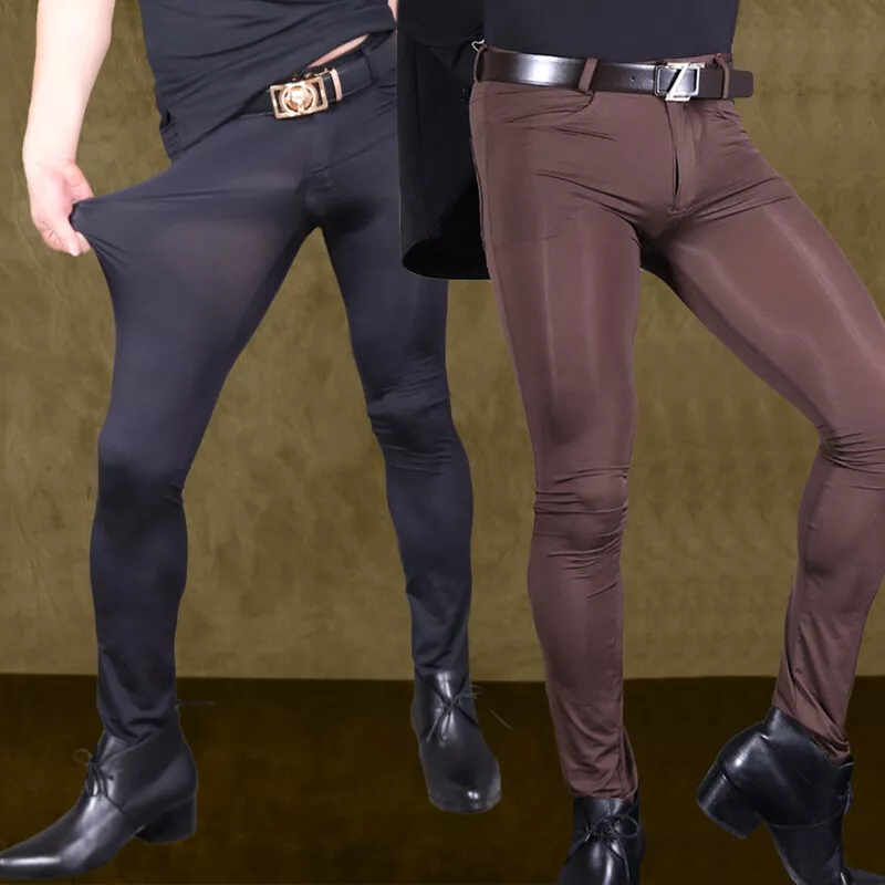 Sexy Men Ice Silk Elastic Tight Pants See Through Glossy Club Wear Slimming