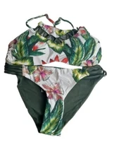 Tinibikini Womens Reversible Bikini Tropical Floral Solid Olive M New