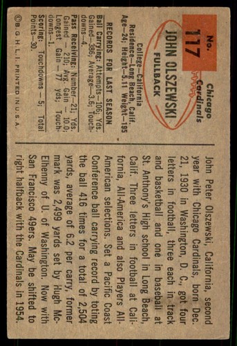 1954 Bowman John Olszewski LowGradeCrease Cardinals #117 *Noles2148* - Picture 2 of 2