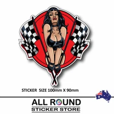  Pinup Girl  with racing flags sexy biker-helmet-motorcycle--sticker-decal-car-,